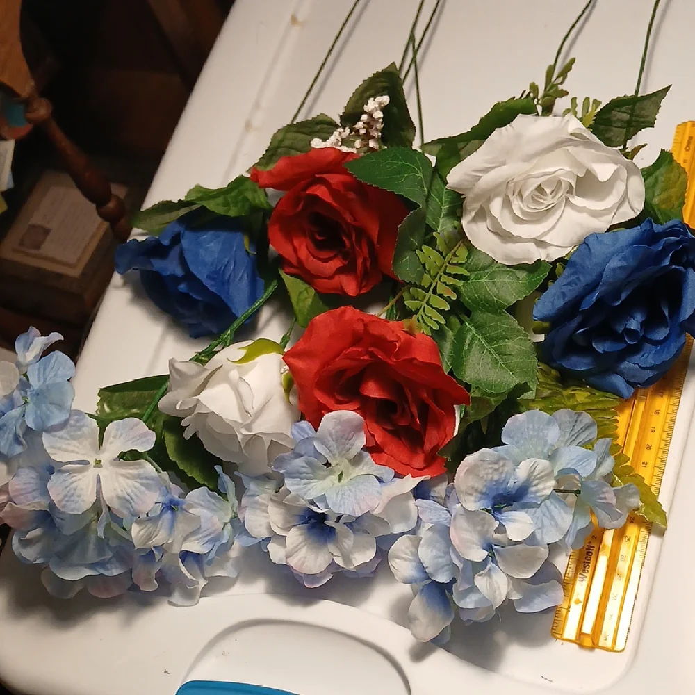 Artificial Large Flower Stems - Red, White, & Blue w/green